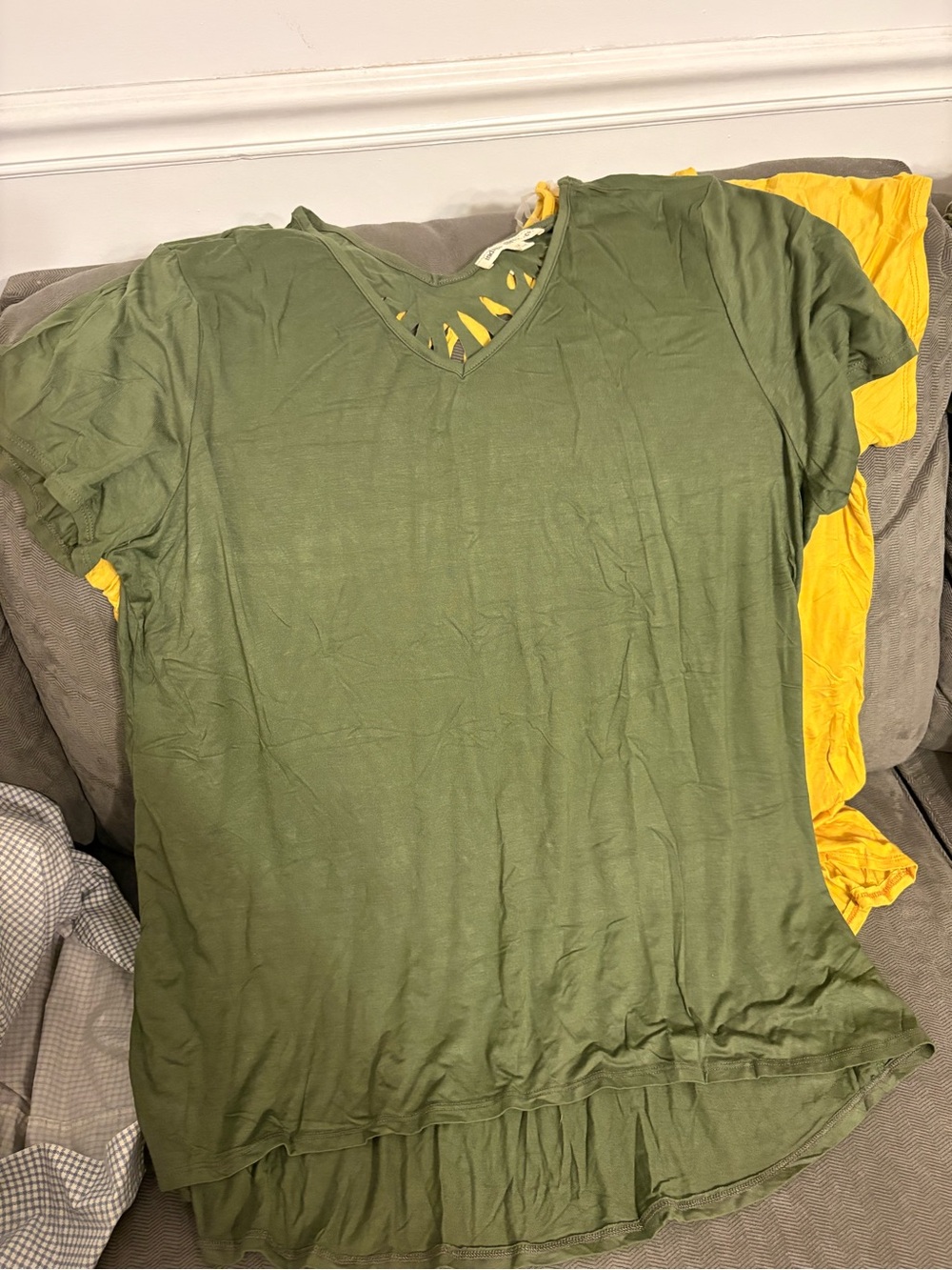 Relaxed Olive V-Neck Short Sleeve Tee with Layered Hem